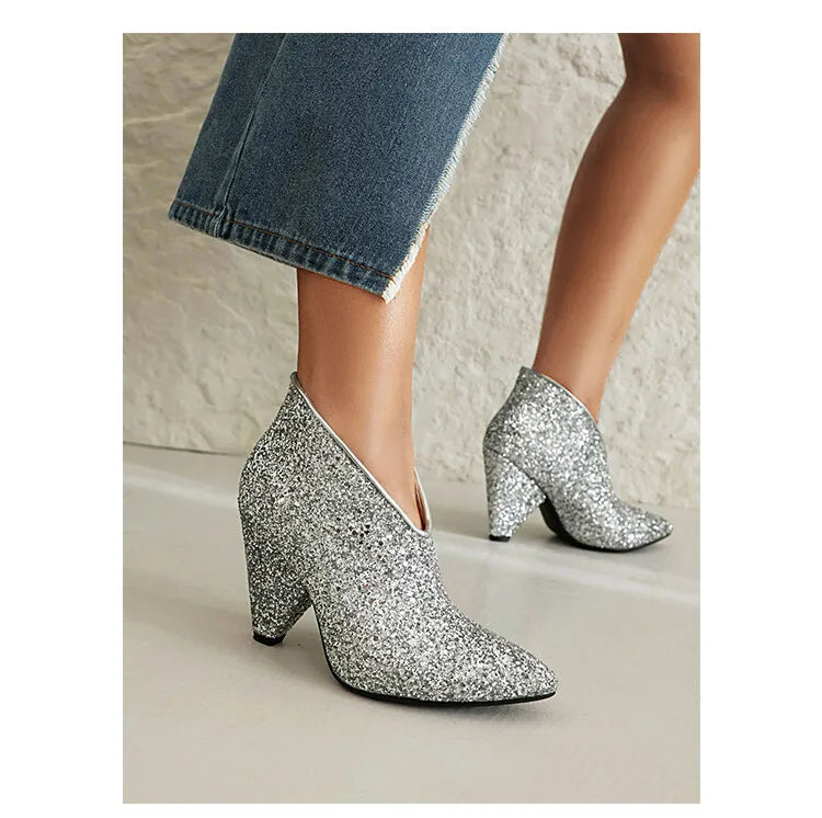New Blingbling Pointed Toe Women Chunky Spike Heel Sequins Ankle Boots V Open Slip On Spike Heel Pointy Sequined Boots Size 43