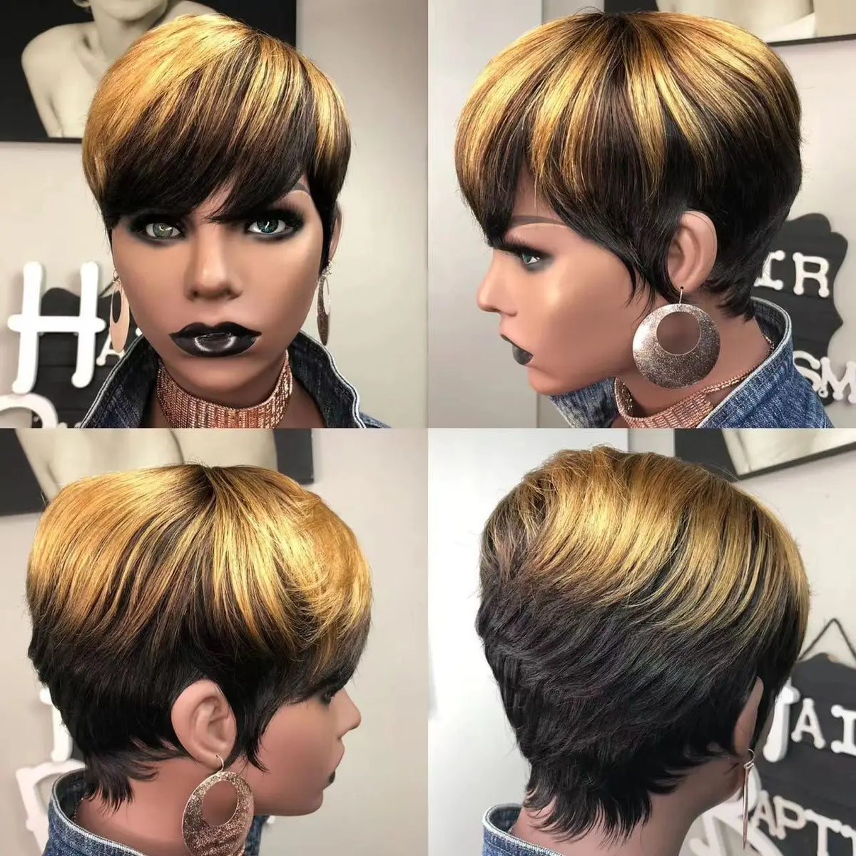 Ombre Honey Blonde Pixie Cut Human Hair Wig for Women