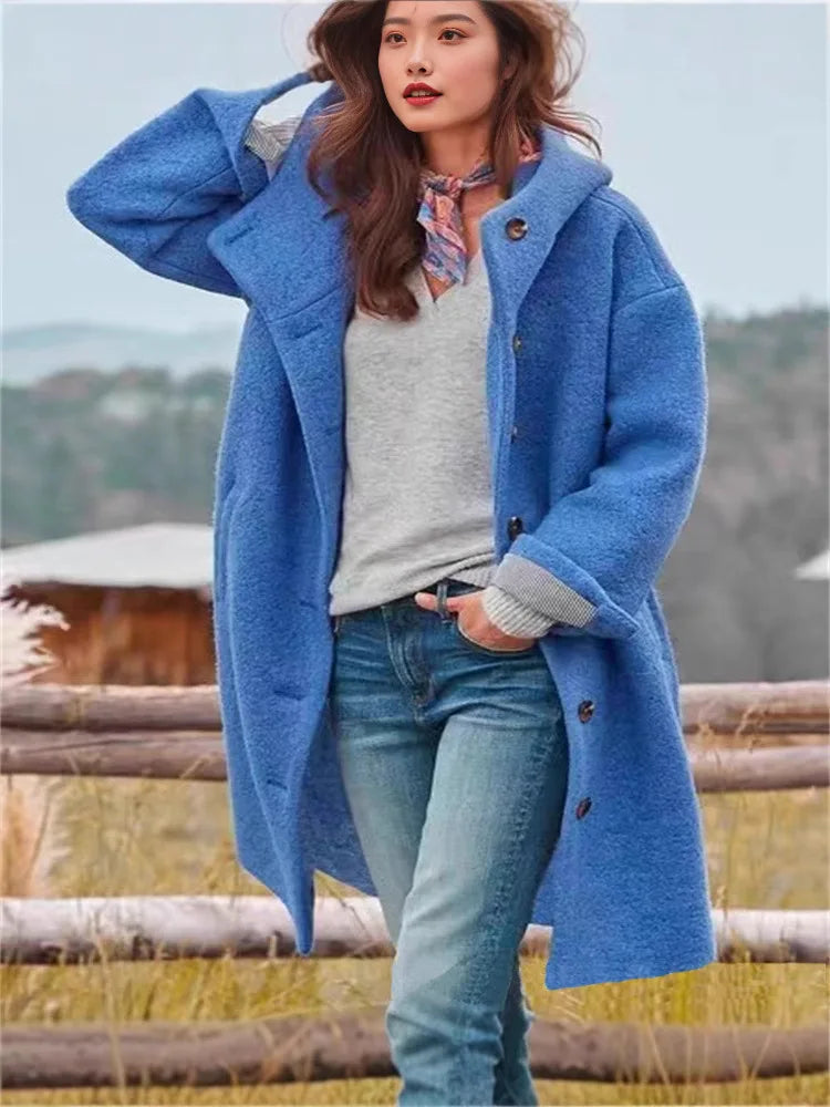 Oversized Hooded Casual Solid Color Wool Blend Coat for Women