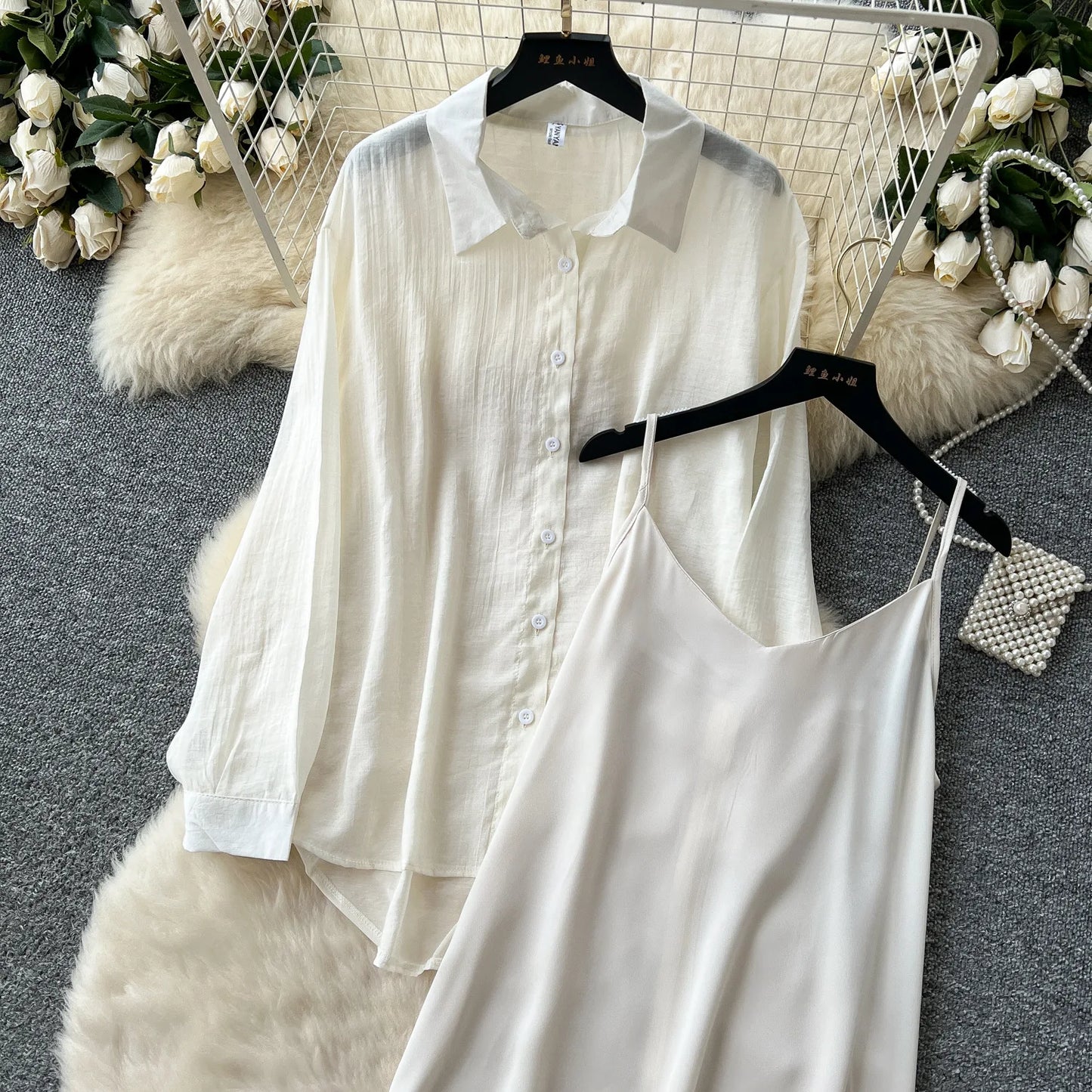 Elegant Long Sleeve Turn Down Collar Solid Color Two Piece Set for Women