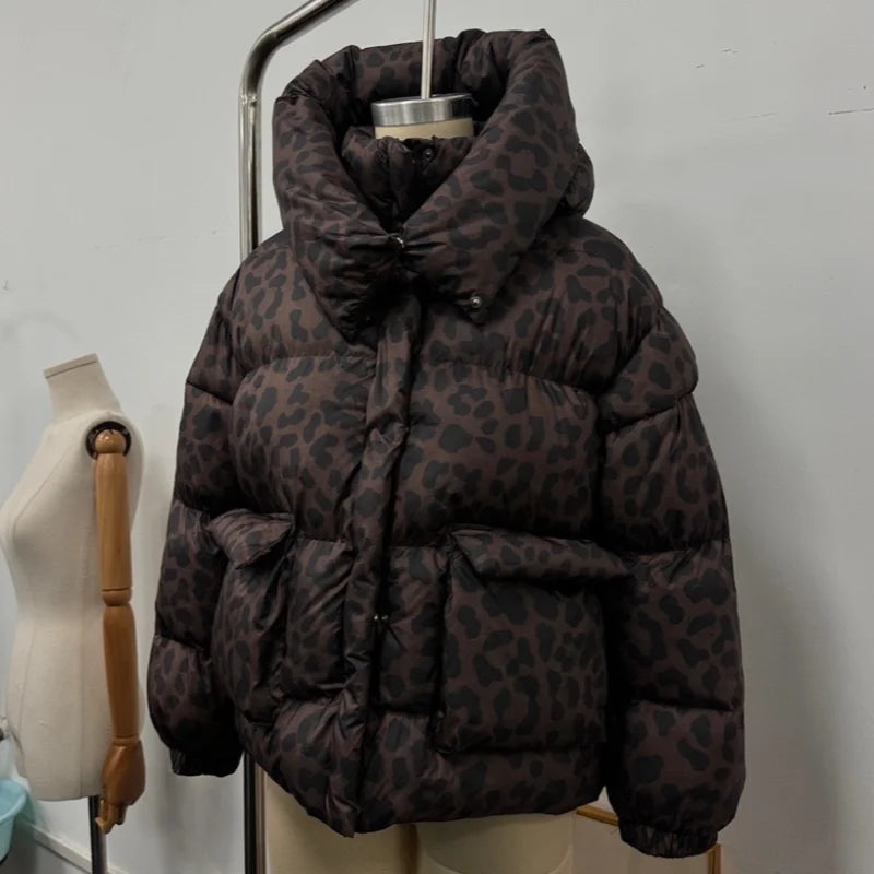 Casual Leopard Print Hooded Puffer Jacket For Women