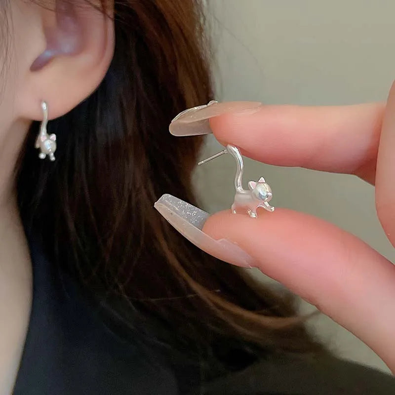Silver Tone Cat Stud Earrings
