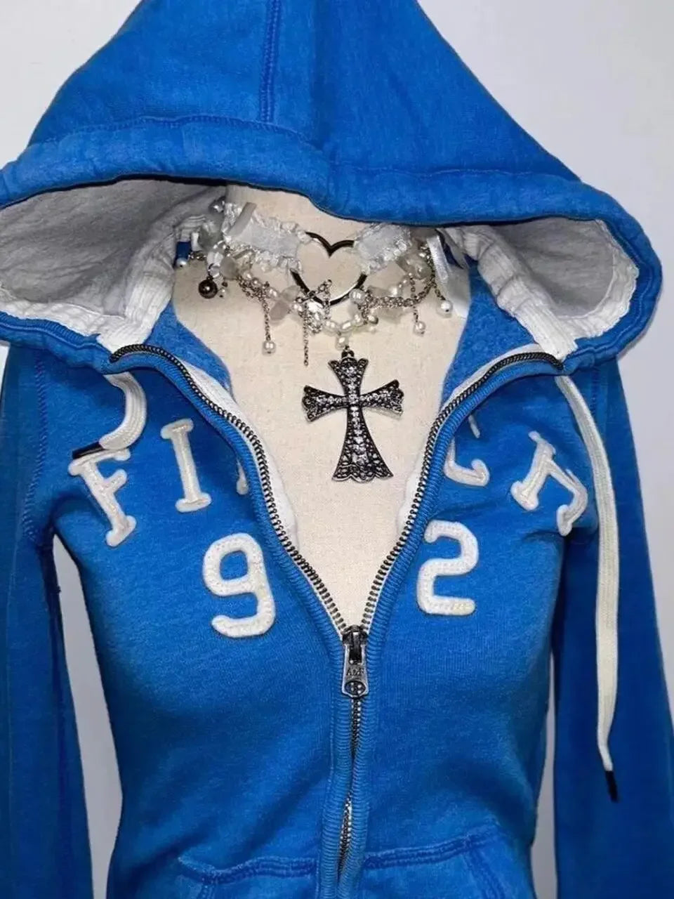 American vintage blue sweatshirt casual Y2K slim-fitting cardigan jacket for women Gothic style street wear for autumn winter