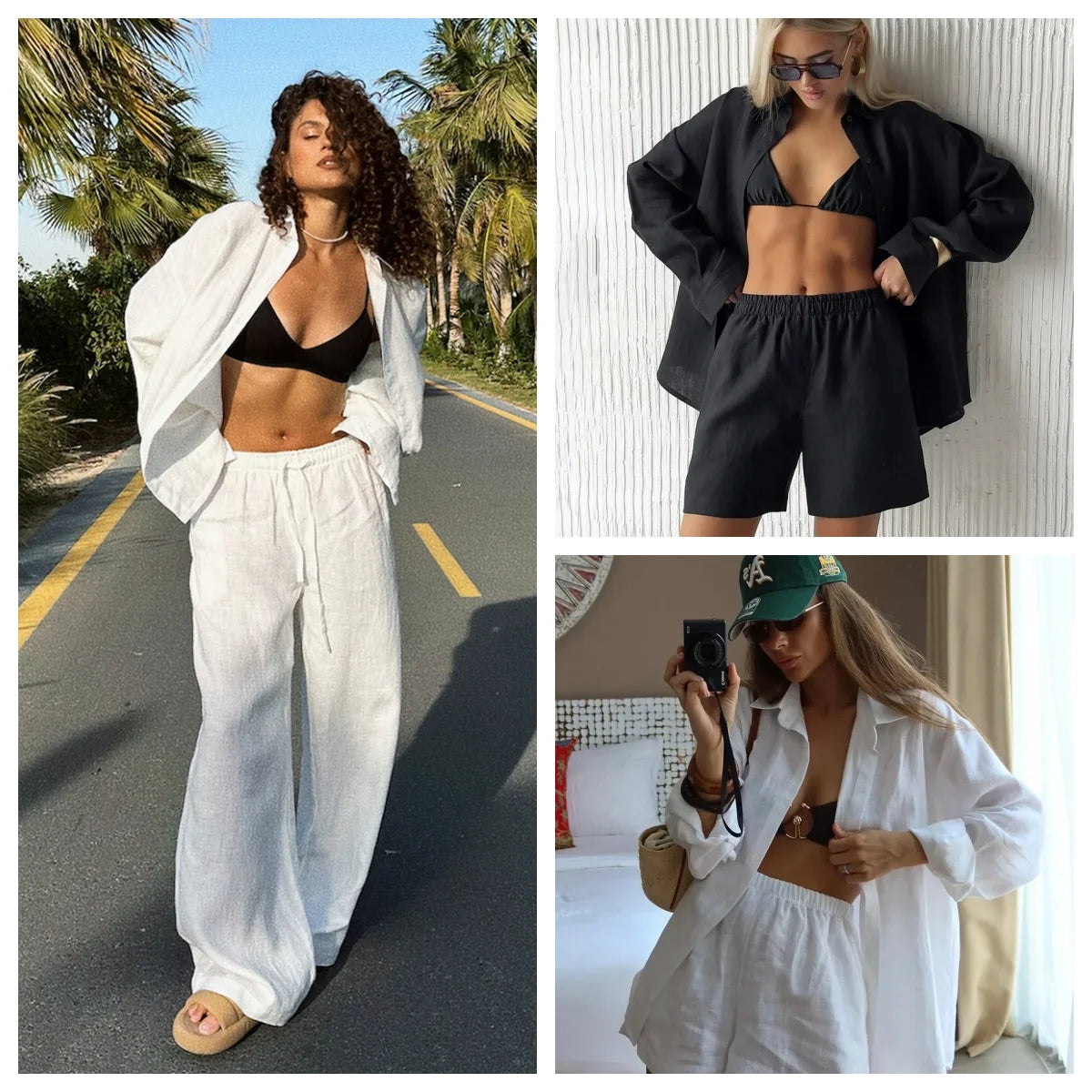 Casual Cotton Shirt and Elastic Waist Pants Set for Women