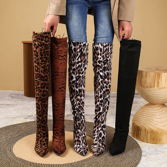 Leopard Print Pointed Toe Stretch Over Knee Boots For Women