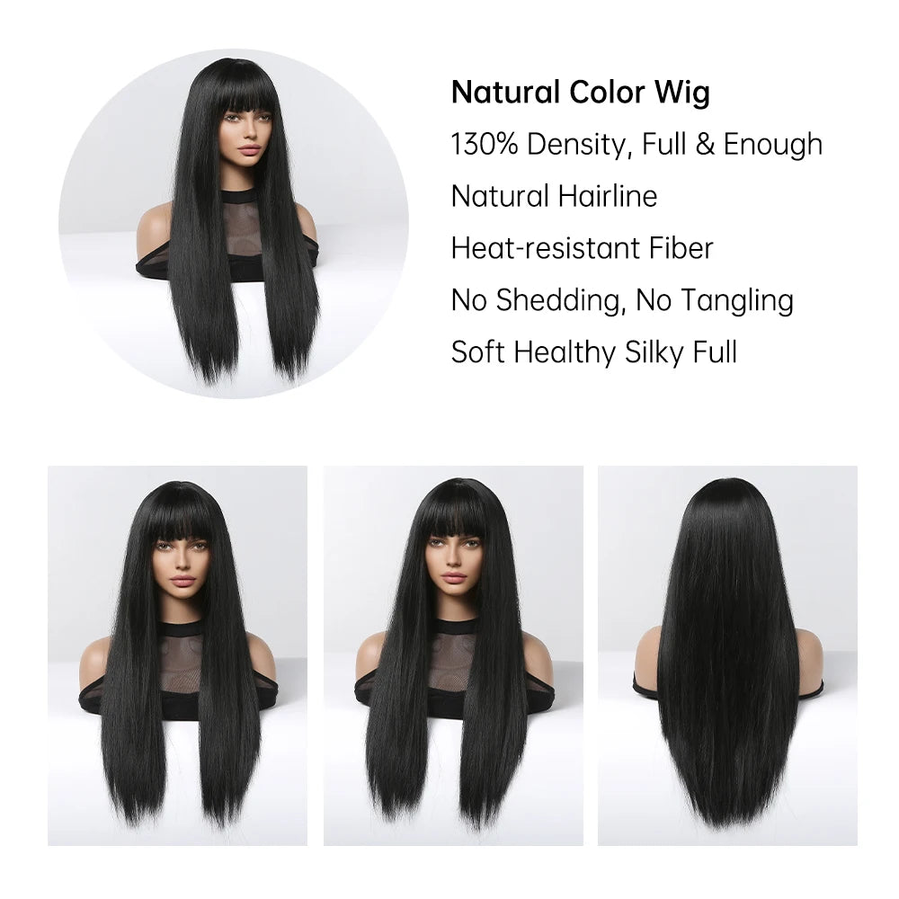 Long Straight Black Synthetic Wig With Bangs for Women