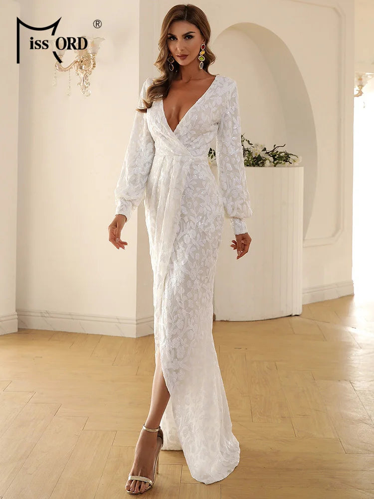 Missord White Long Evening Dresses Women Sexy Deep V Neck Lantern Sleeve Thigh Split Maxi Party Prom Dress Elegant Bodycon Gown