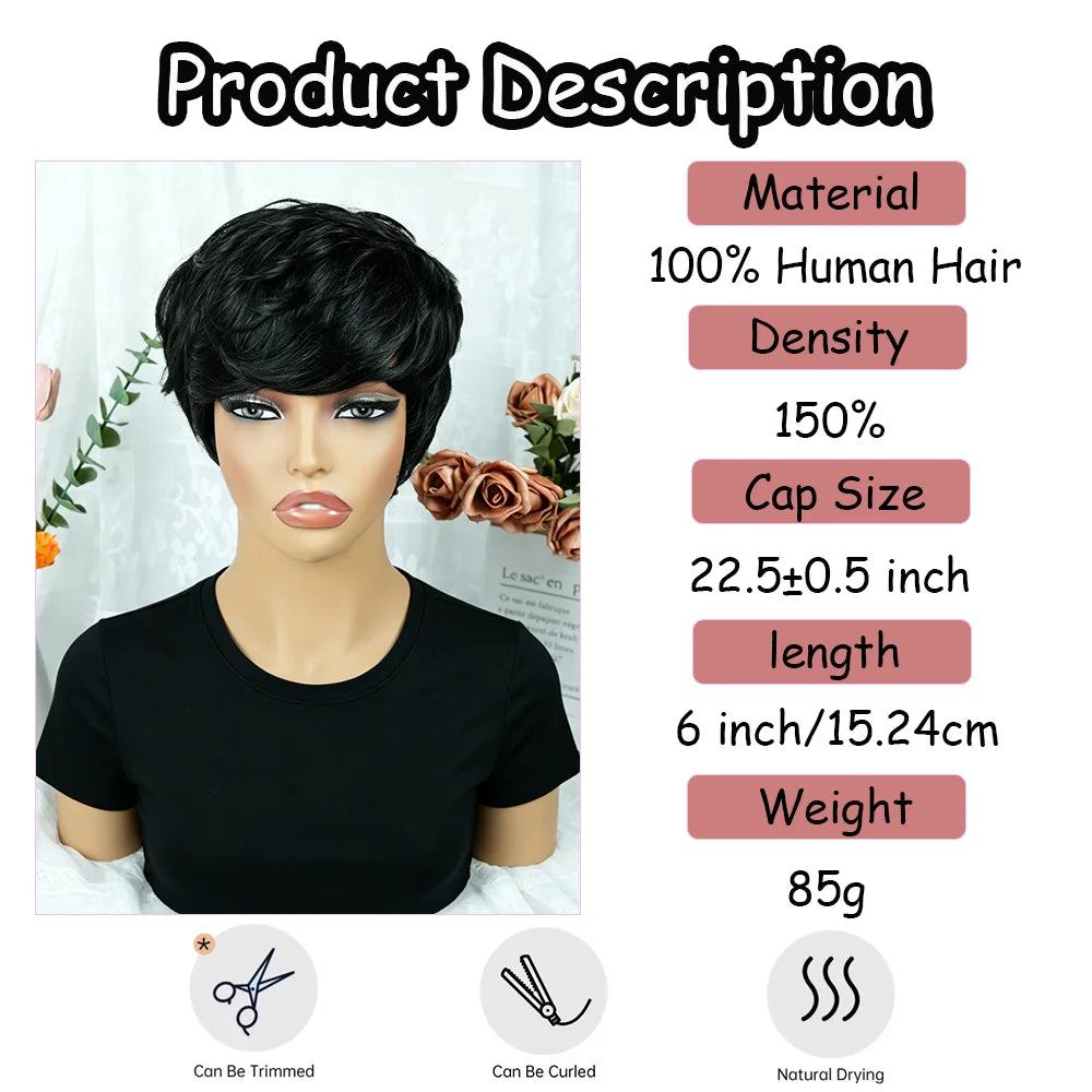 Pre Plucked Straight Human Hair Short Pixie Wig for Women