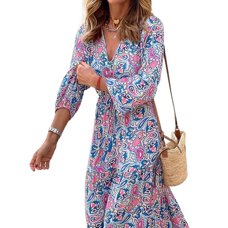 2026 New In-Stock Women's Fashion V-Neck Long-Sleeve Mid-Length Bohemian
