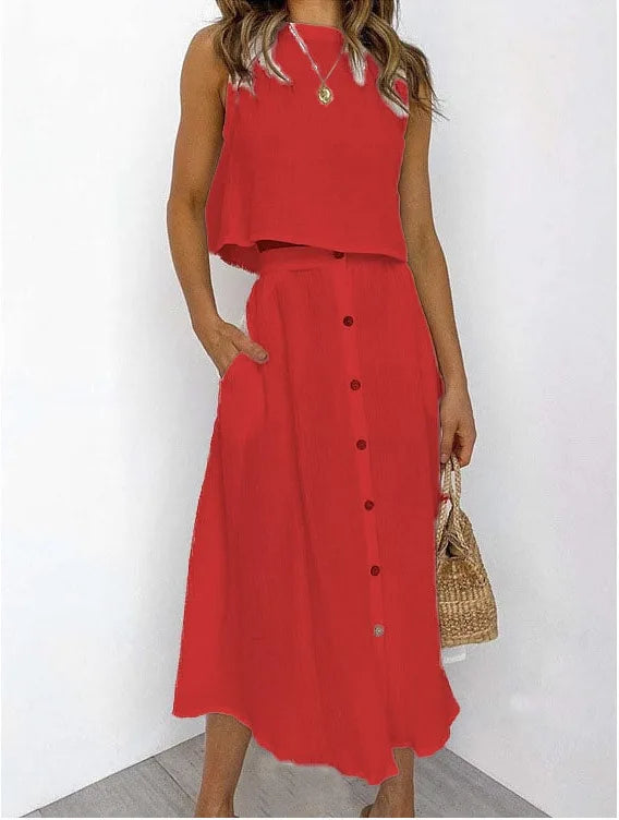 Double Layer Casual Elegant O Neck Vest And Skirt Set for Women