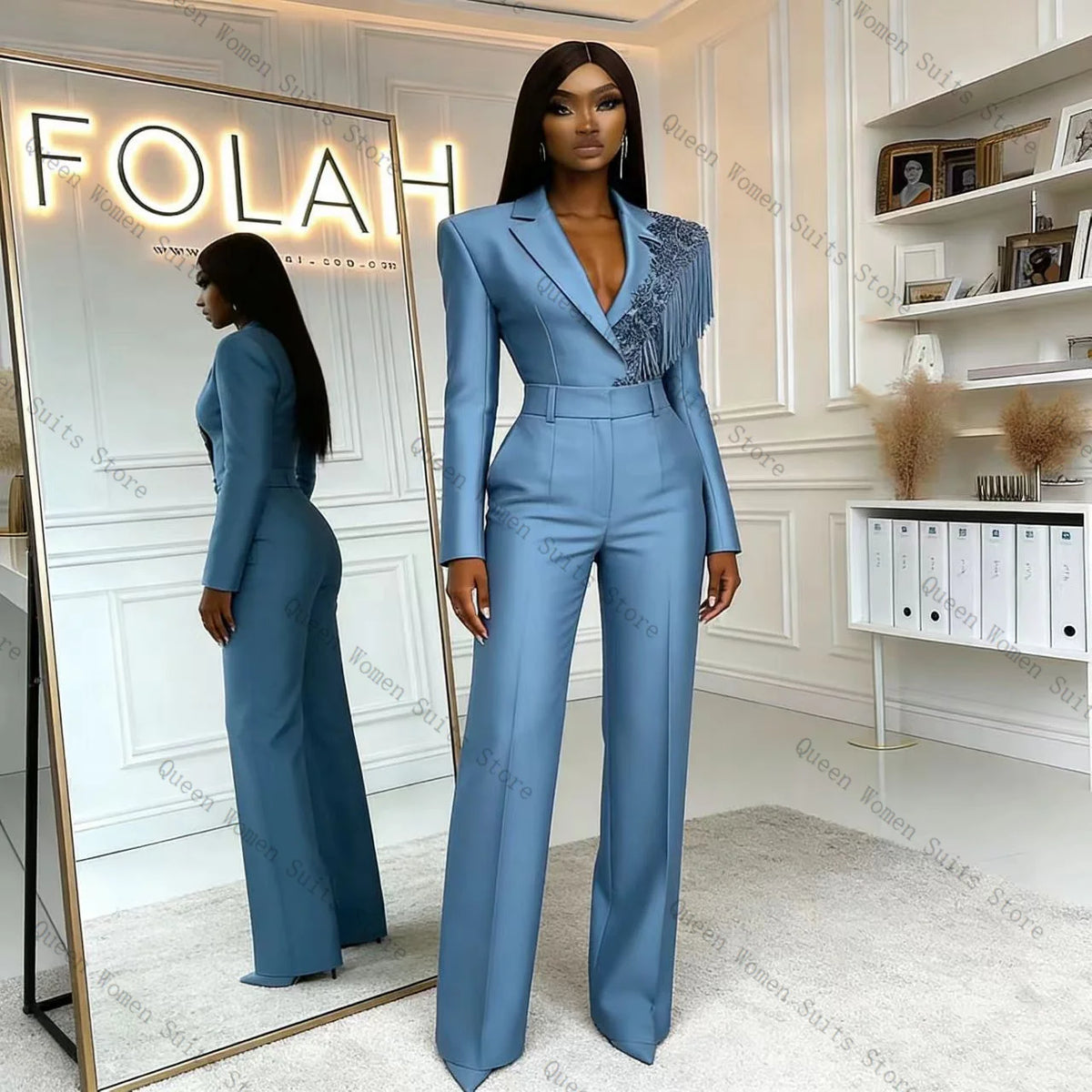 Classic Blue Two Piece Blazer And Trousers Set For Women