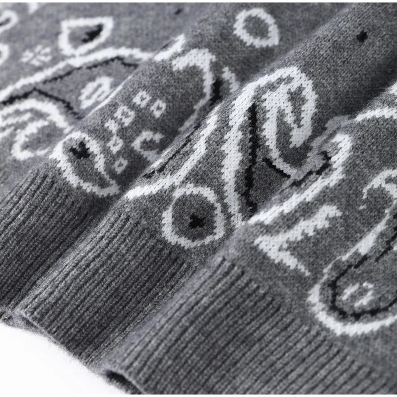 Gray Jacquard Knit Loose Cardigan Long Sleeve Casual for Women