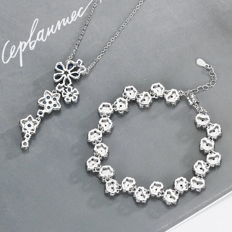 Vintage Blue Floral Zircon Necklace and Bracelet Set for Women