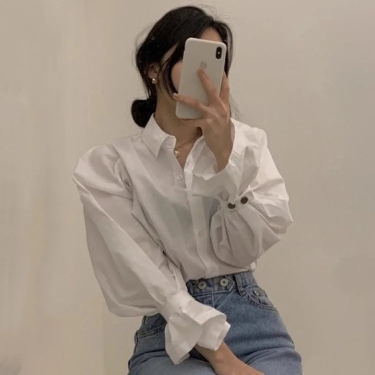 White Puff Sleeve Button-Front Collared Blouse for Women