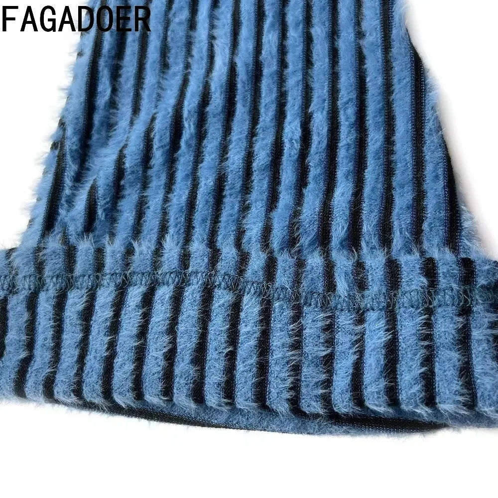 FAGADOER Stripe Plush Stacked Pants Women Casual Solid Color Fur Patchwork Flare Trousers Y2K Female Streetwear Bottoms 2025 New