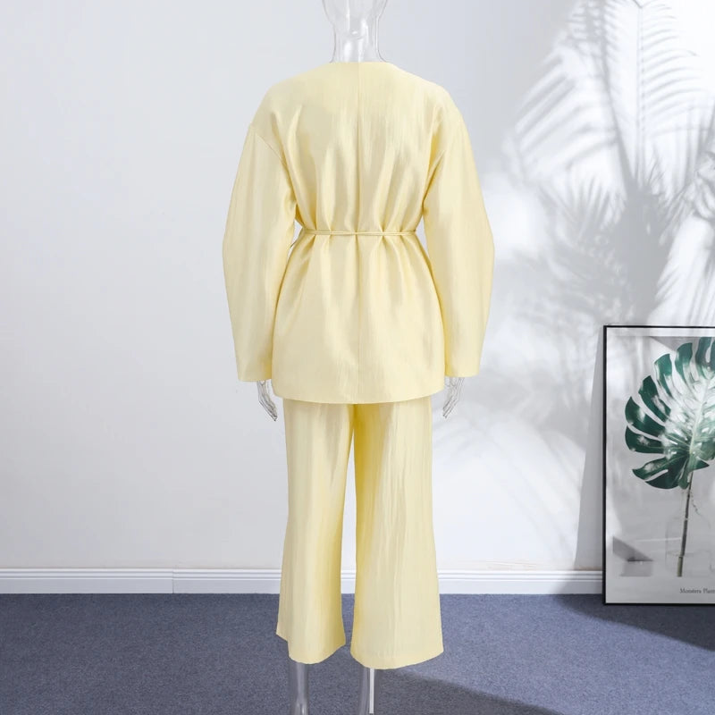 Lace Up Jacket and Wide Leg Pants Suit Set for Women
