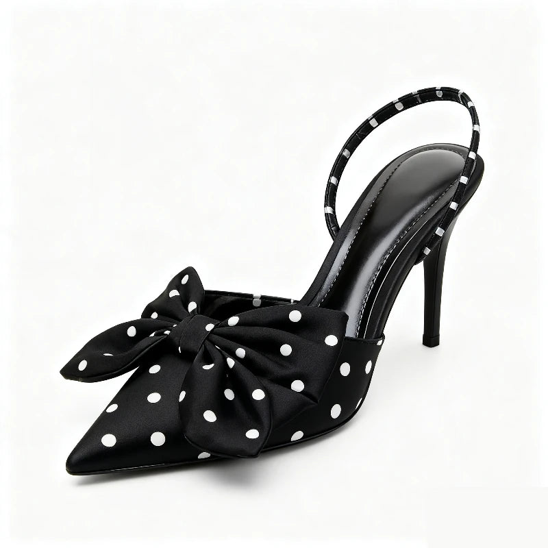 Black Polka Dot Bow Pointed Toe High Heels for Women