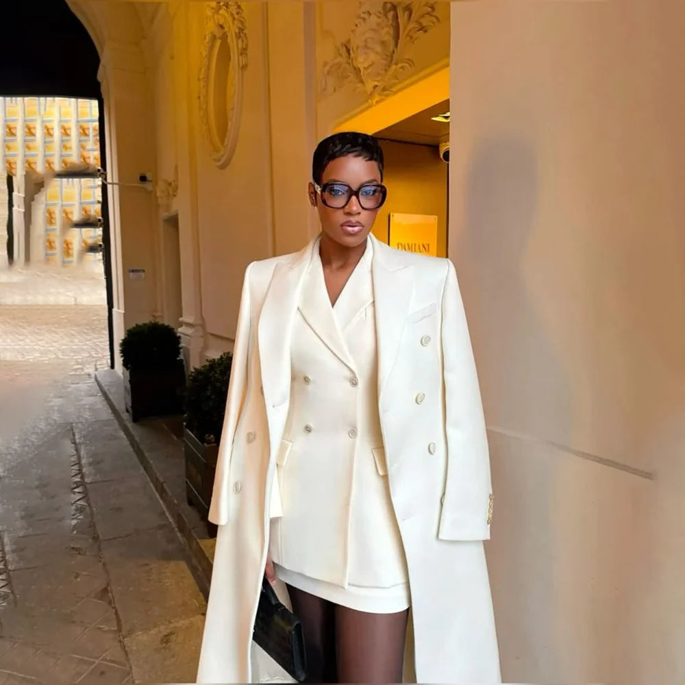 White Double Breasted 3 Piece Suit Jacket And Skirt Set For Women