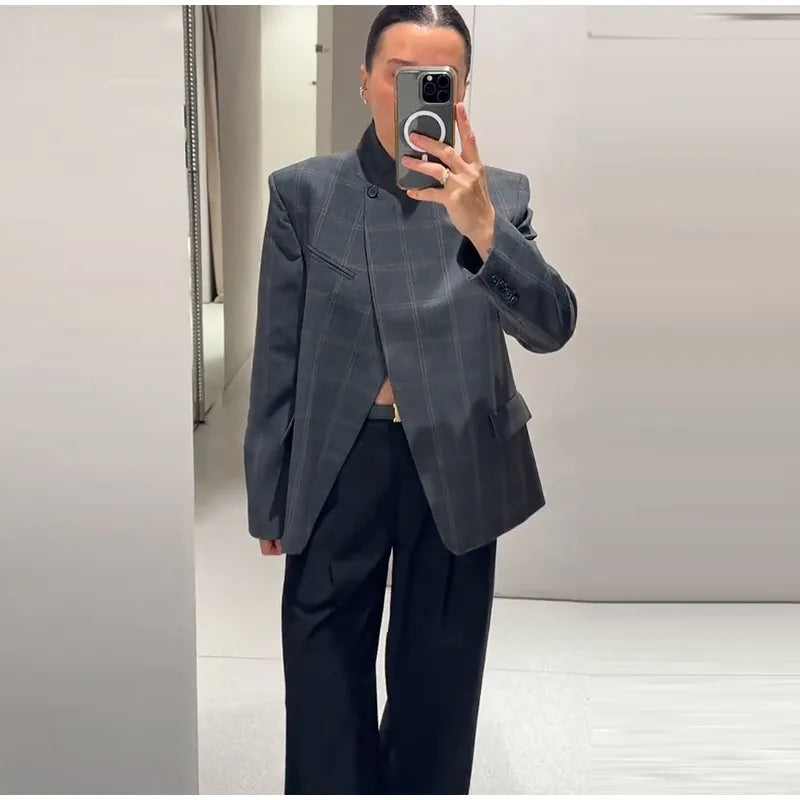 Plaid Women 's Blazers Elegant Laple One Button Thicken Full Sleeve Pockets Coats Female 2026 New Fashion Woman Coats Outwears