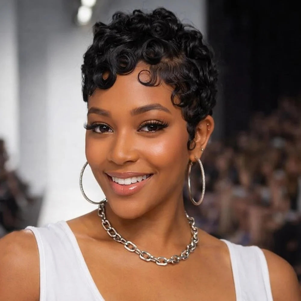 Short Curly Layered Pixie Cut Human Hair Wig for Women