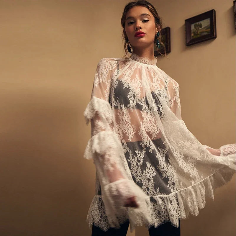 Lace See Through High Neck Long Sleeves A Line Mini Dress for Women