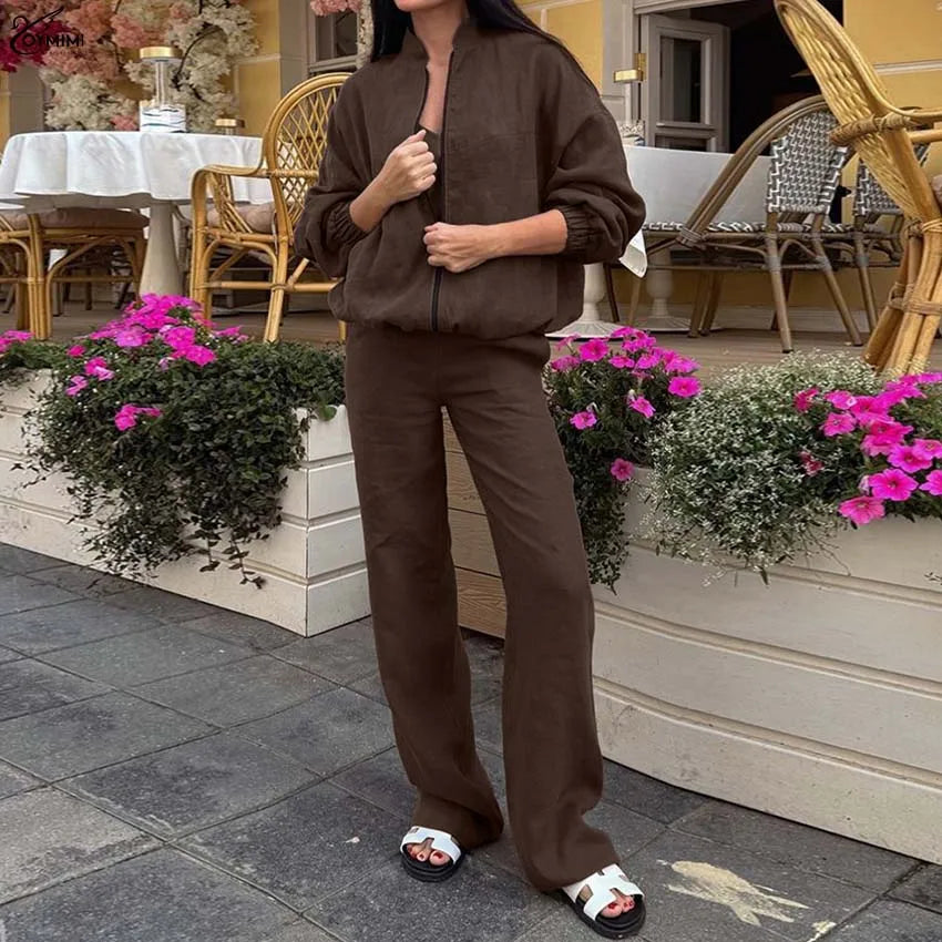 Oymimi Fashion Brown Loose 3 Pieces Set For Woman Elegant Zipper Shirts And V-Neck Sleeveless Tops + Straight Pockets Pants Sets