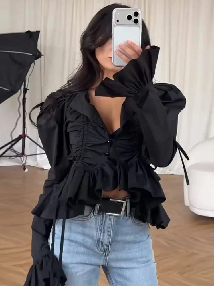 Chic Solid Ruffle Pleated Puff Sleeve Shirt for Women