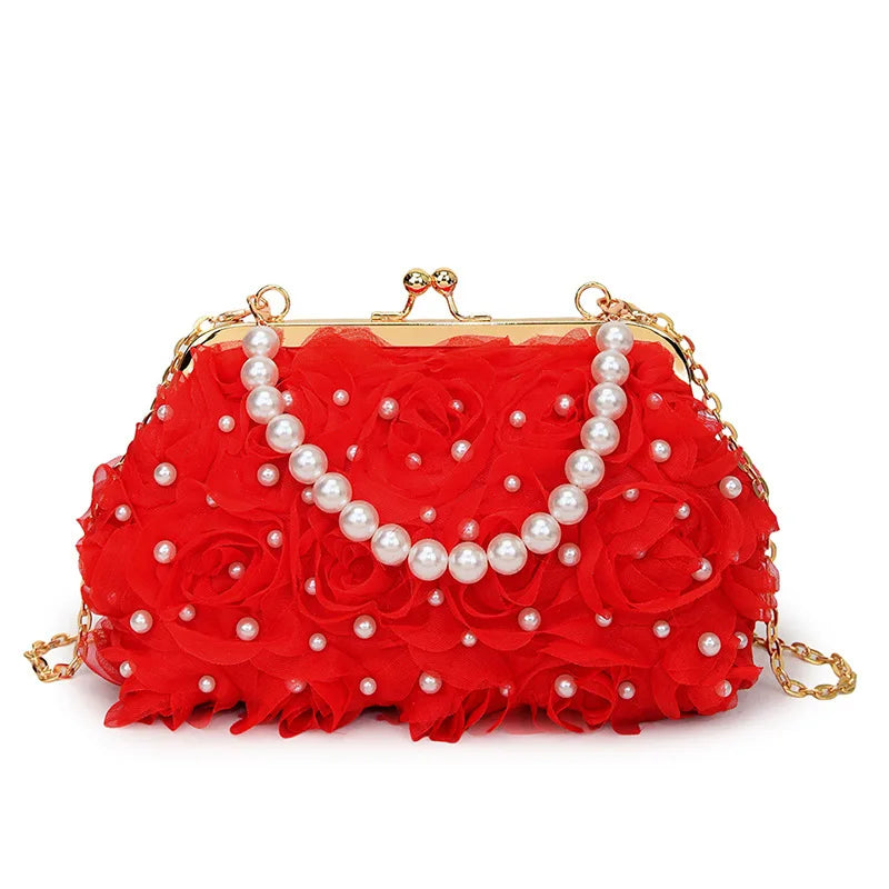 Pearl Floral Chain Evening Crossbody Bag