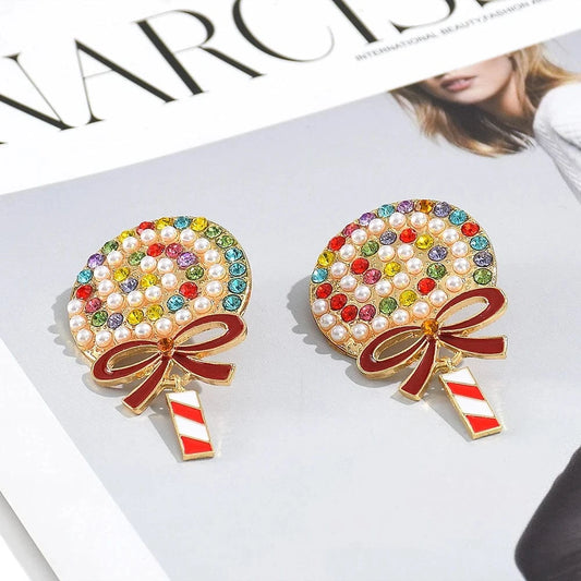 Lovely Multicolor Crystal Candy Earrings for Woman Girls Sweet Cute Imitation Pearl Lollipop Earrings Holiday Jewelry Gifts