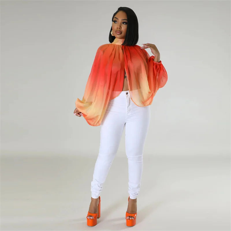 Printed Batwing Sleeve Chiffon Blouse With Sheer Front for Women