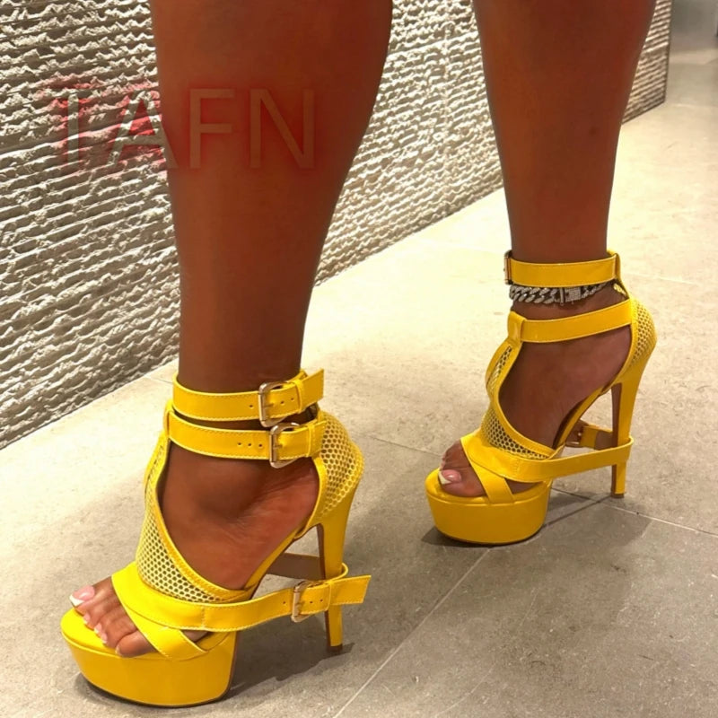 Mesh Buckle Strap Stiletto Platform Sandals for Women