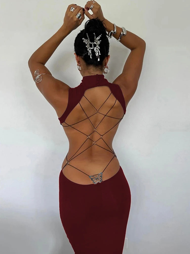 Backless Sleeveless Maxi Dress With High Collar for Women