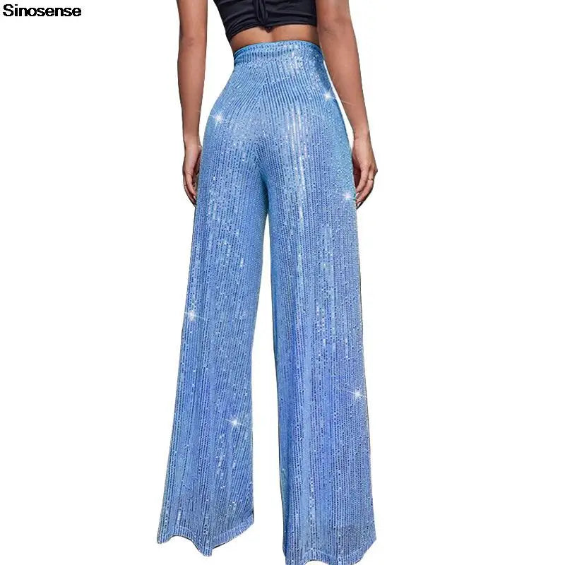 High Waist Sparkle Sequin Wide Leg Pants for Women