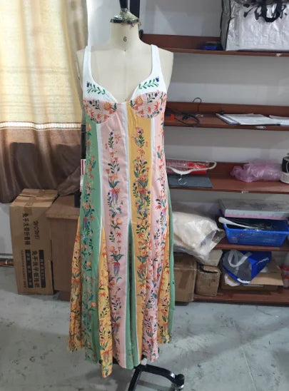 Sweetheart Neckline Floral Print Linen Blend Maxi Dress For Women