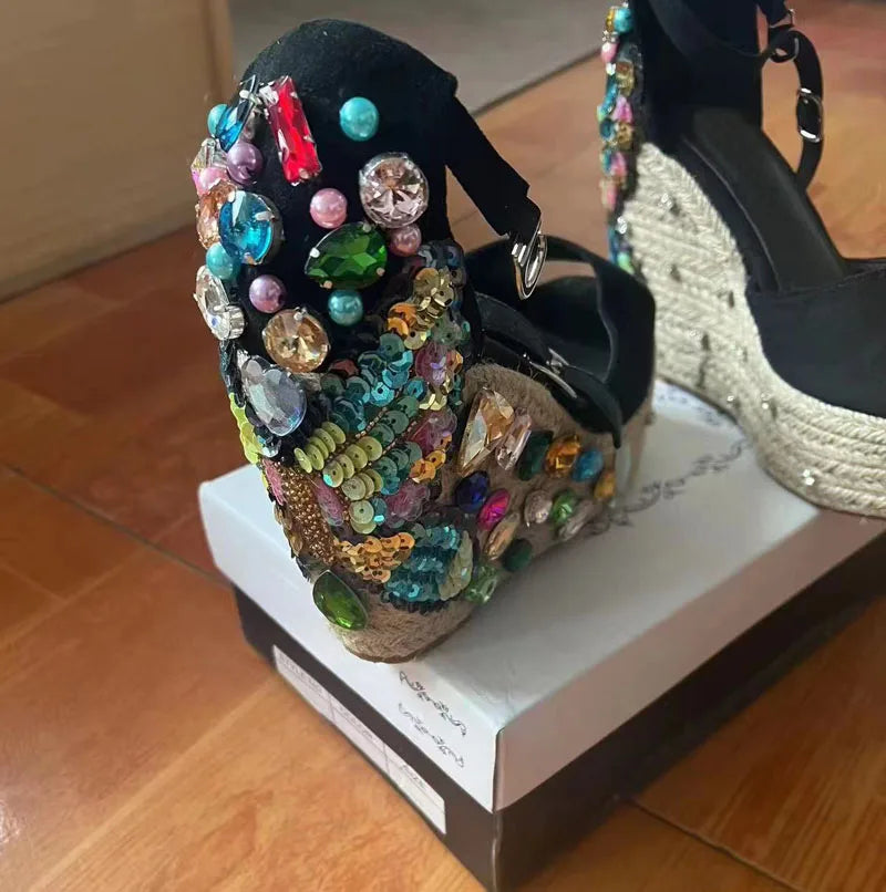 Butterfly Rhinestone Embellished Rope Braided Wedge Sandals Peep Toe for Women