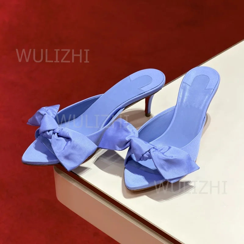 Blue Silk Bow Leather Knotted Open Toe Sandals for Women