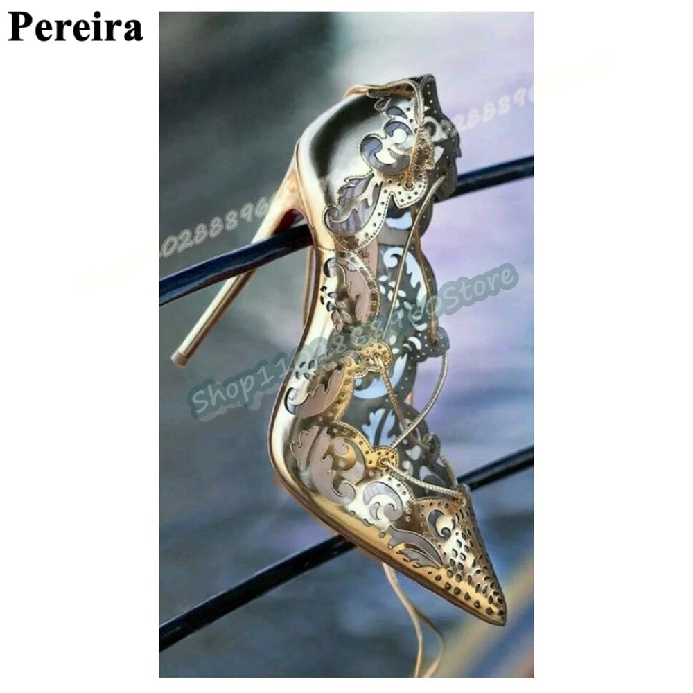 Gold Leather Shallow Hollow Pointy Pumps Stilettos High Heel Shoes For Women Cross Tied Pointed Toe Luxury Party Stylish Pumps