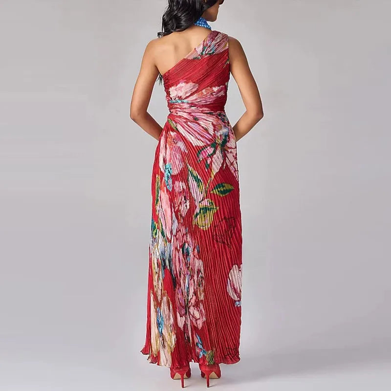 Printed Slanted Shoulder Sleeveless Maxi Dress for Women