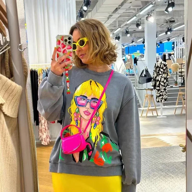 Loose Cartoon Graphic Long Sleeve Sweatshirt for Women