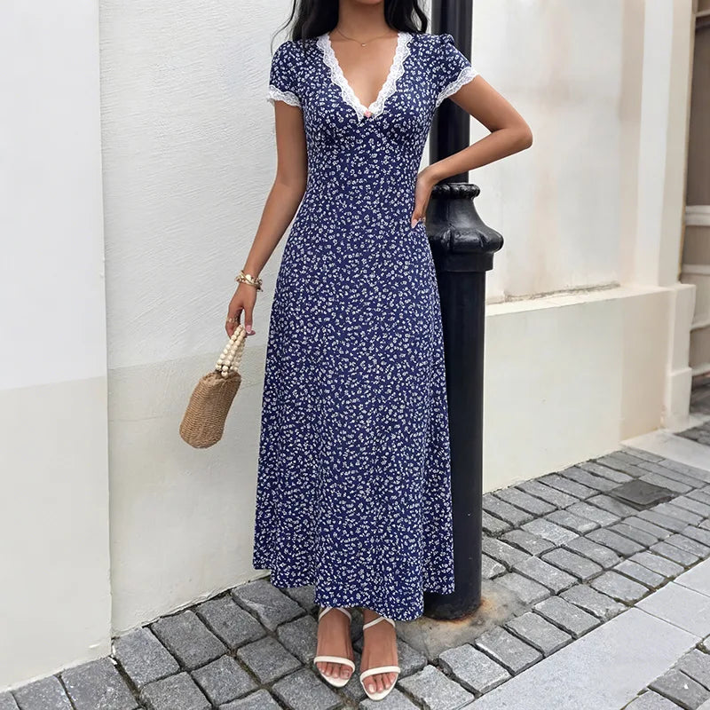 Elegant Patchwork Lace Midi Dress with Casual Print for Women
