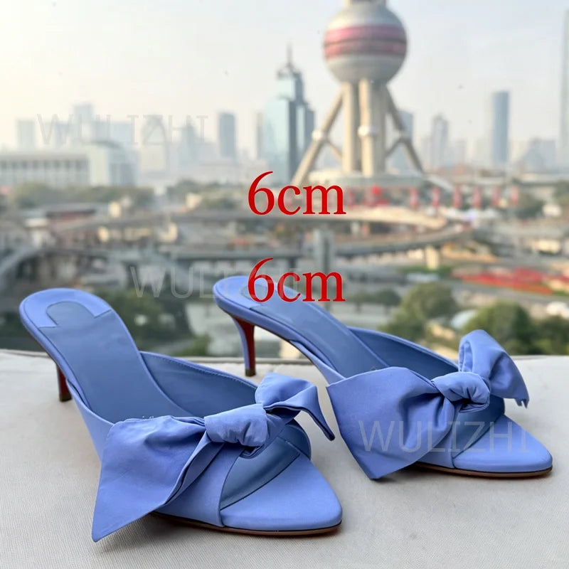 Blue Silk Bow Leather Knotted Open Toe Sandals for Women