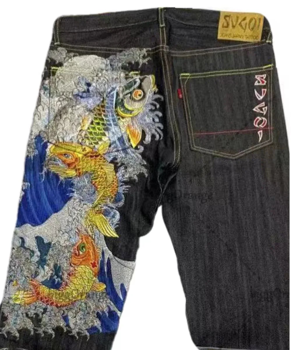Japanese hip-hop Brocade carp printed jeans same style couple washed high waist retro casual loose ins straight wide leg pants