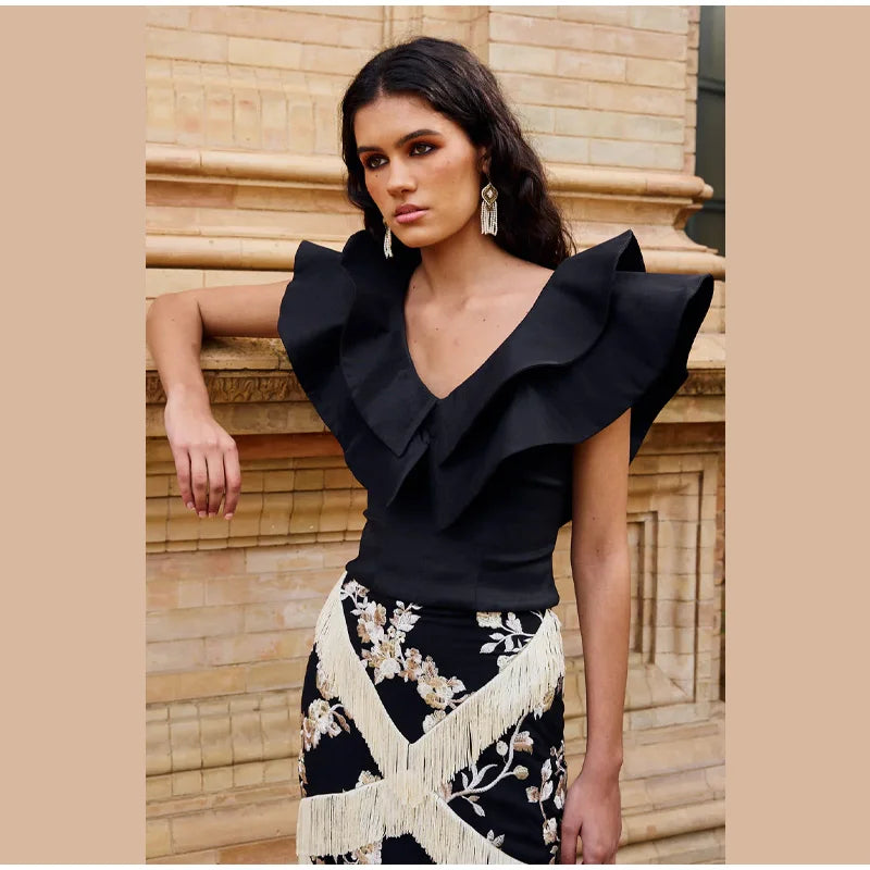 Ruffle V-Neck Sleeveless Blouse and Plaid Skirt Set for Women