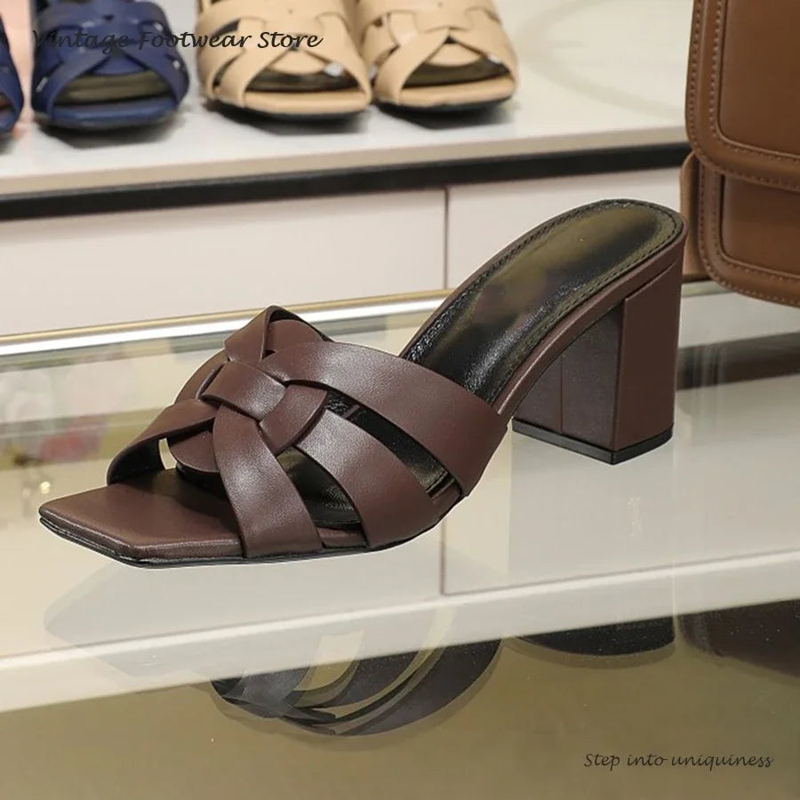 Interwoven Strap Square Toe Block Heel Mules for Women
