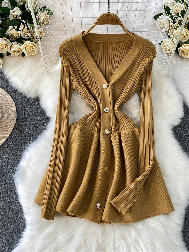 V Neck Knit A Line Long Sleeve Mini Dress for Women
