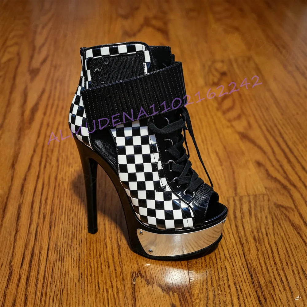 Checkerboard Platform Stiletto Ankle Boots for Women