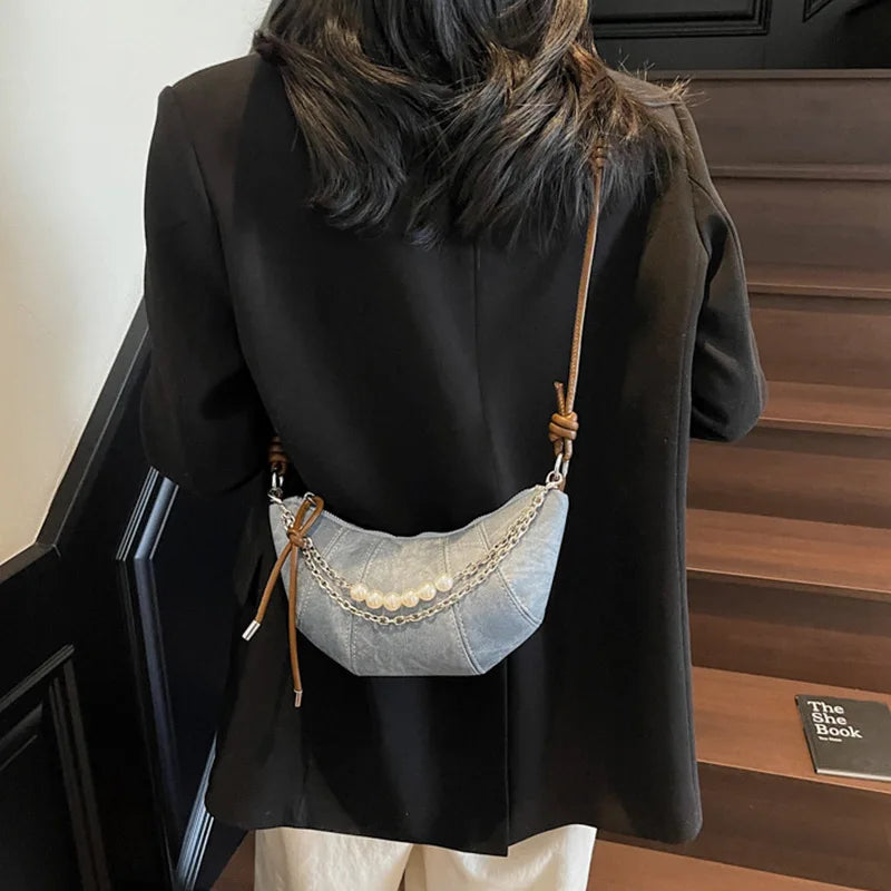 Retro Denim Dumpling Bag Creative Horn Design Pearl Pendant Messenger Bag Brand High-grade Leather Ladies Versatile Shoulder Bag