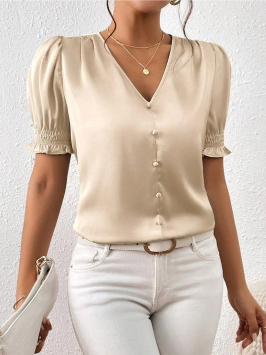 V Neck Puff Sleeve Satin Blouse