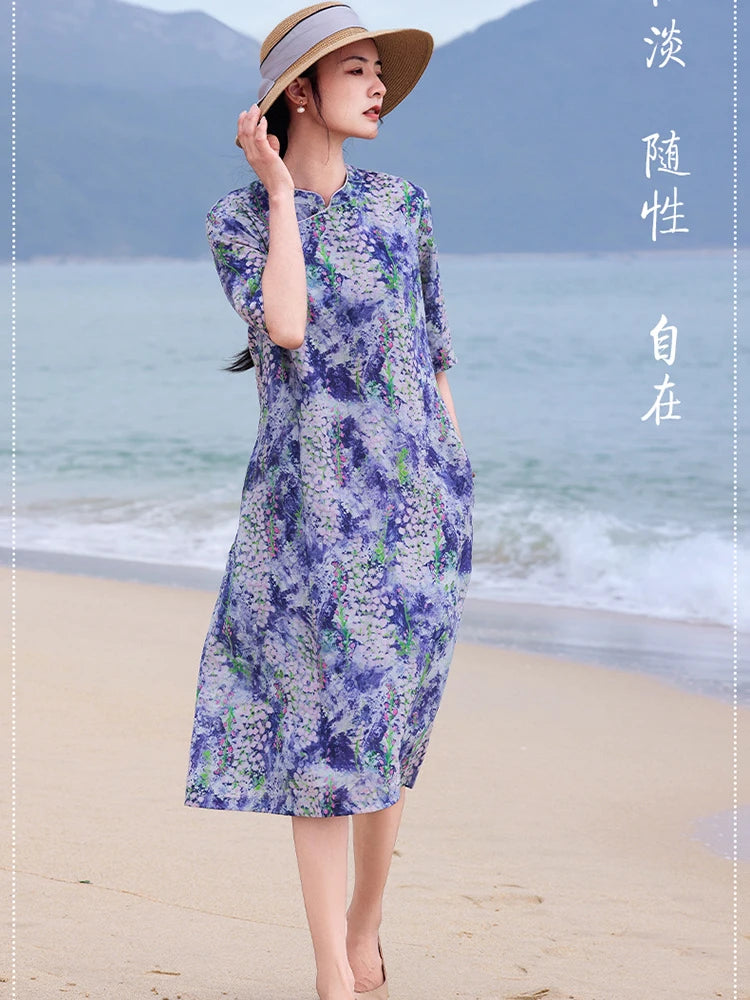 Casual Mandarin Collar Vintage Print Ramie Dress for Women