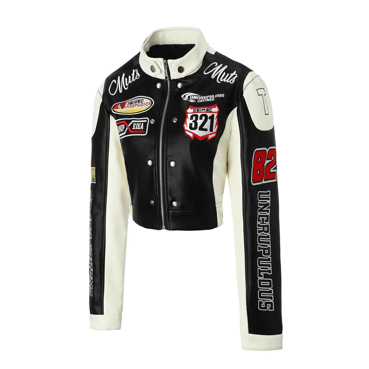 Contrasting Color Embroidered PU Leather Jacket for Women
